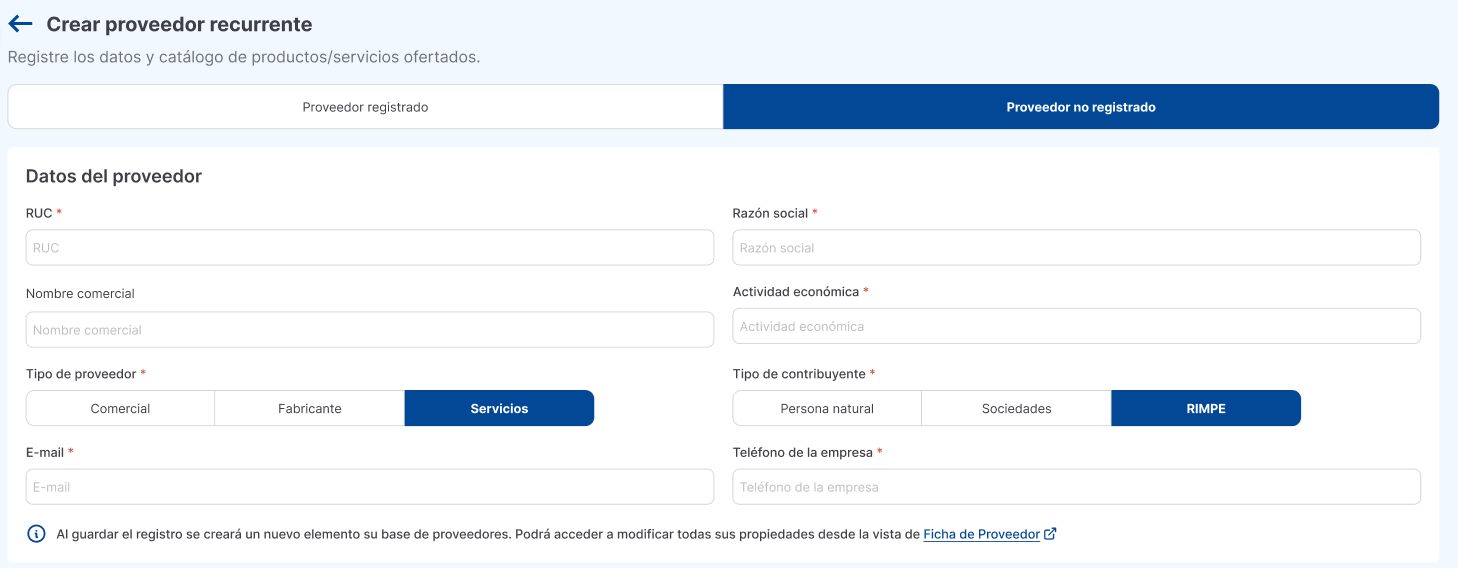 proveedor no registrado