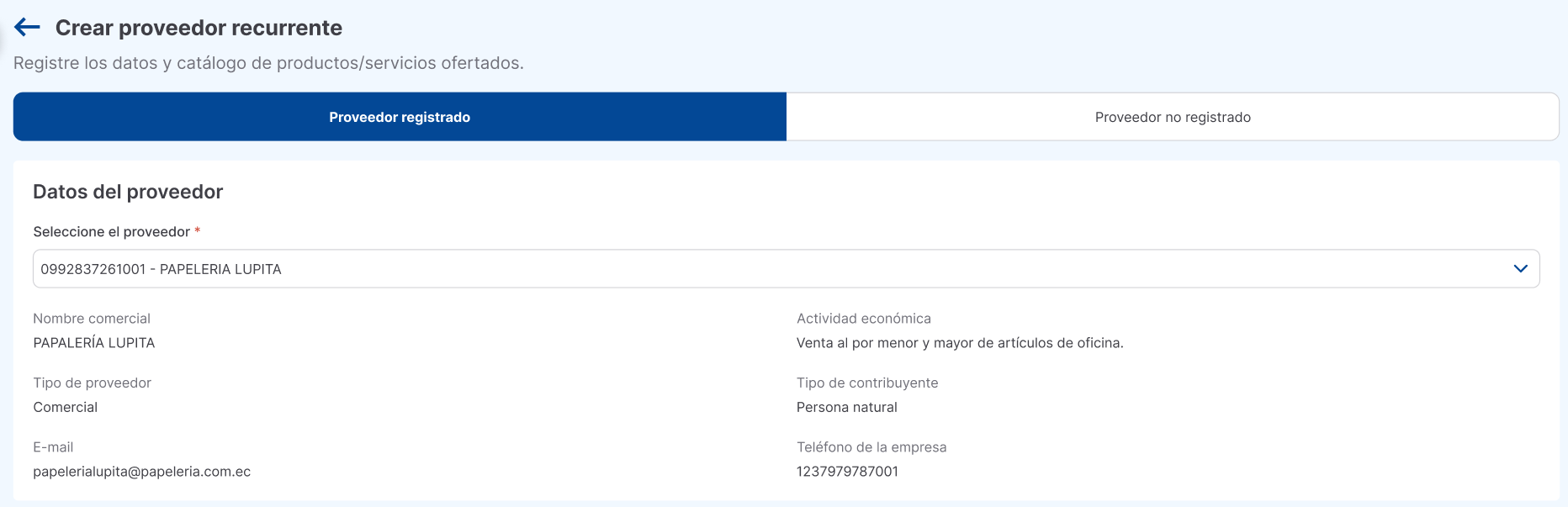 proveedor registrado