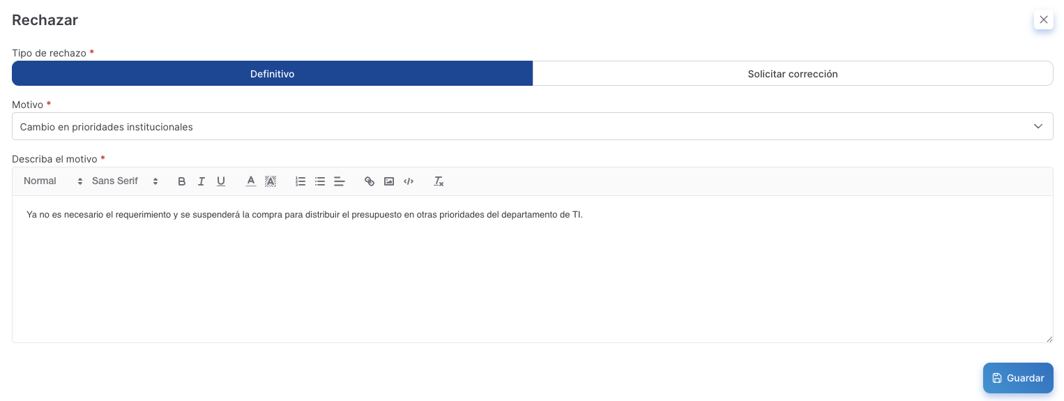 rechazar orden de compra definitivamente