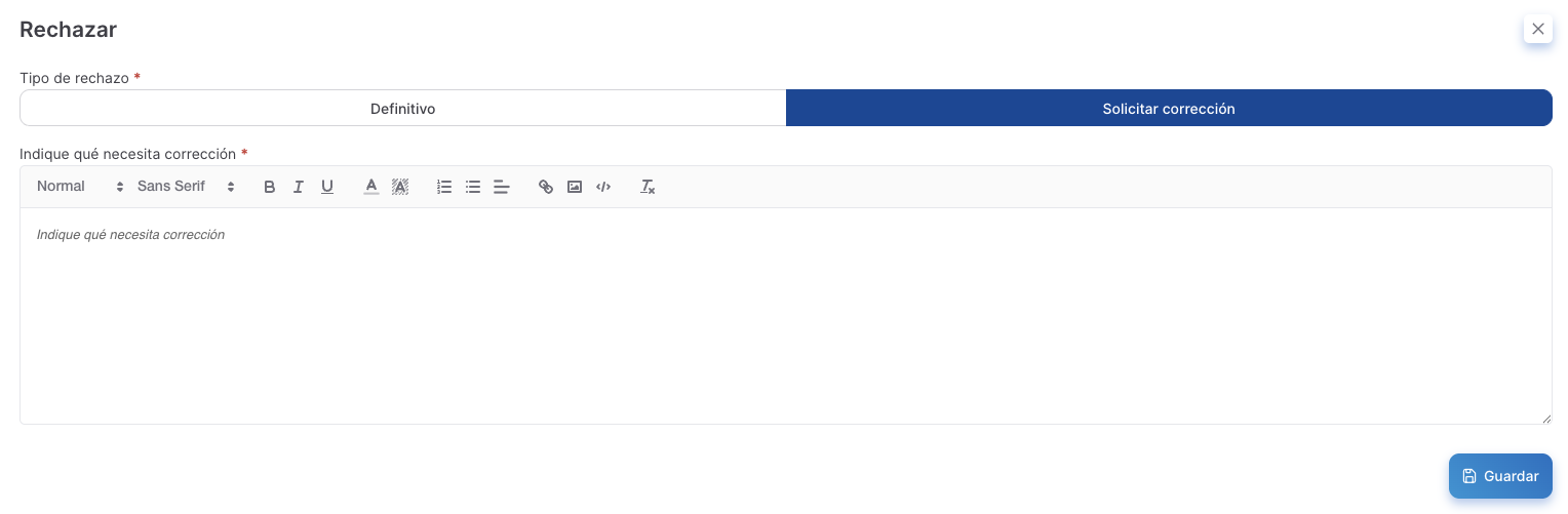 rechazar orden de compra con correcciones