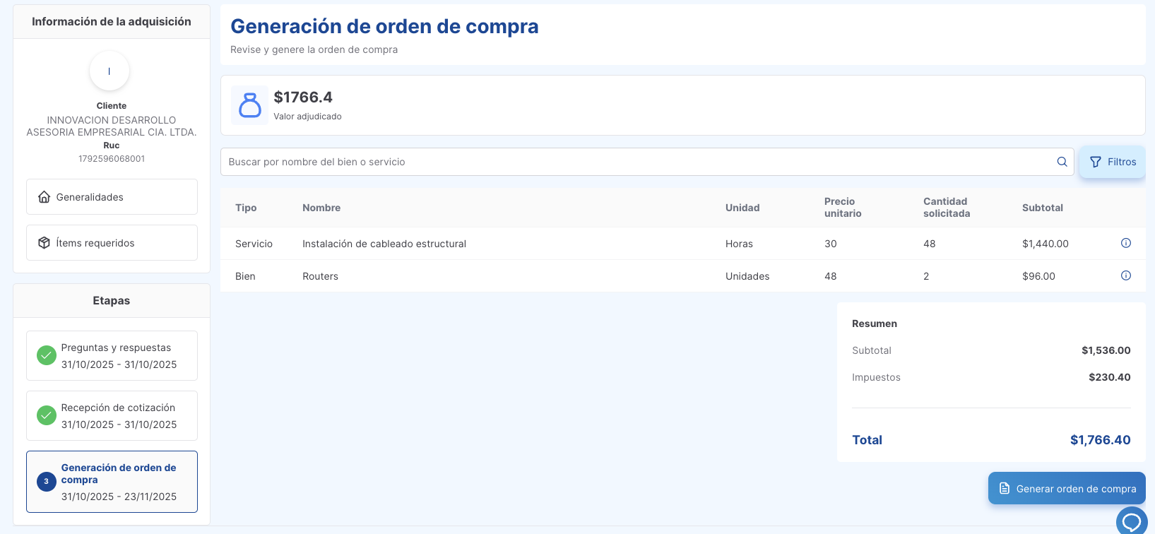 generación de orden de compra