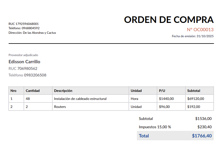 generación de orden de compra