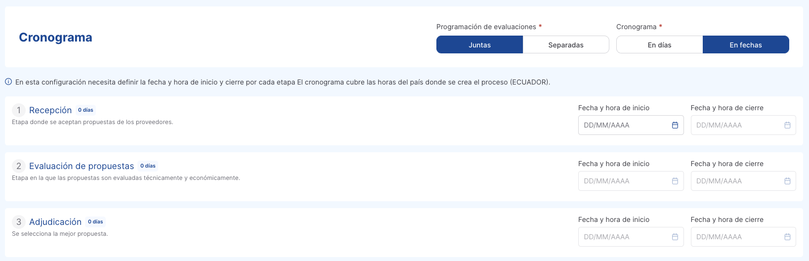 configuración evaluaciones juntas