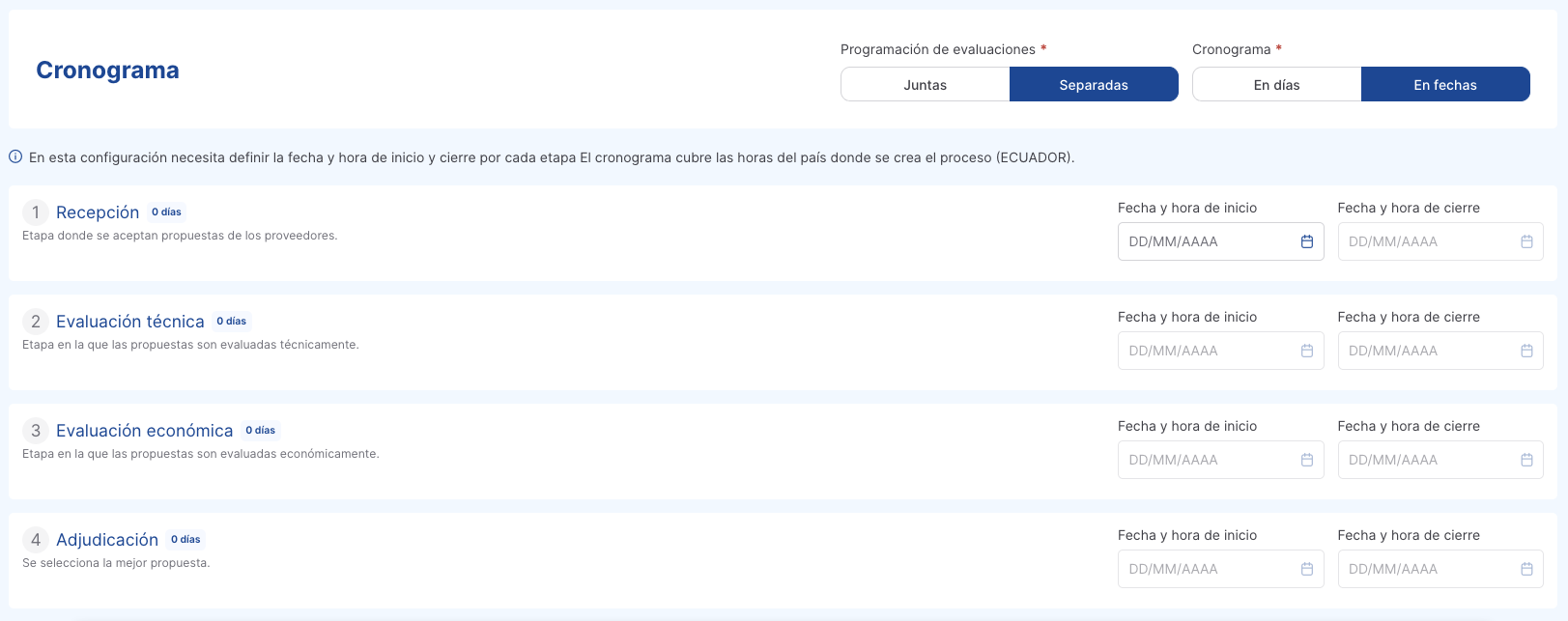 configuración evaluaciones separadas
