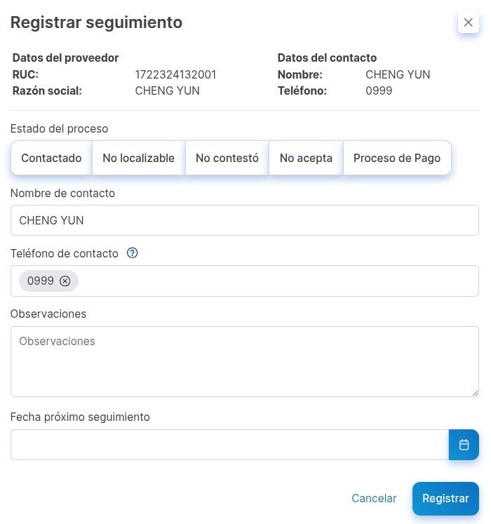 registrar seguimiento