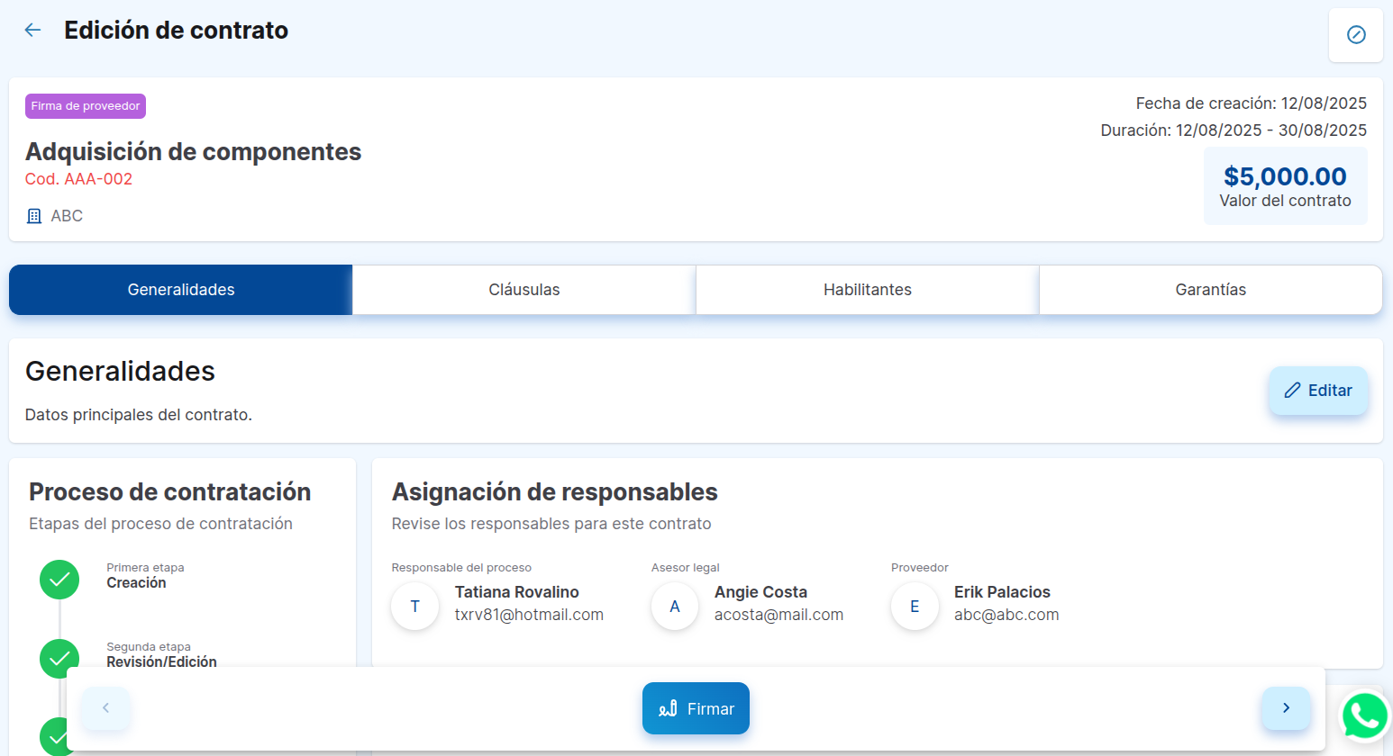 vista firma del proveedor